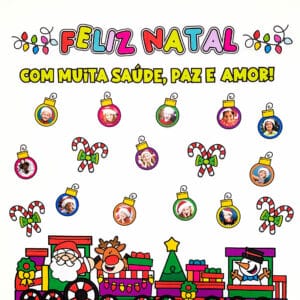 Painel de Natal editável no Canva! Personalize com fotos dos alunos nas bolinhas de Natal. Ideal para escolas e decoração temática. 🎄✨